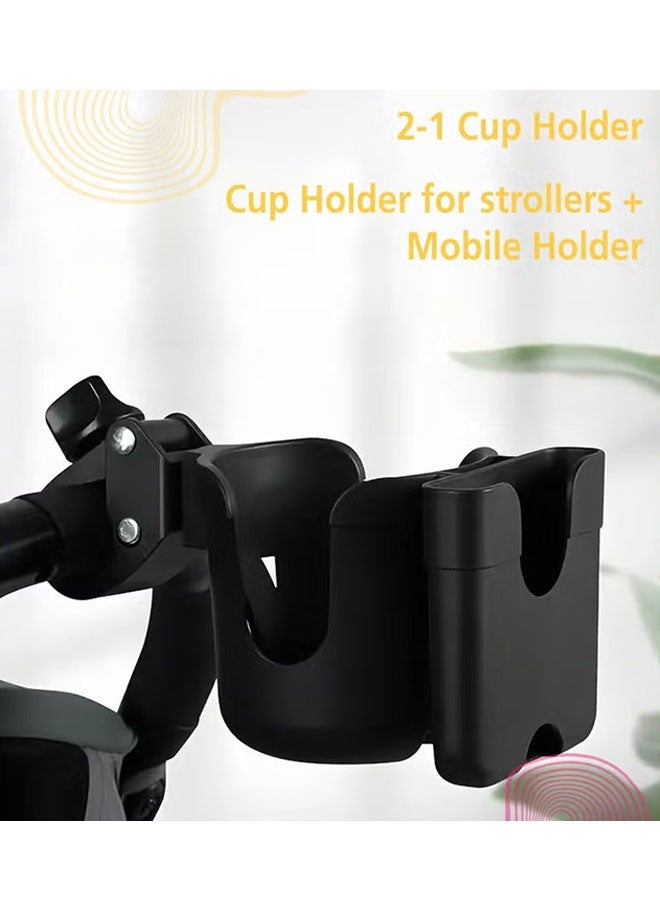 Universal Cup and Phone Stroller Holder, 2 in 1 Clip On Drink Mount with 360° Rotation for Stroller, Bike, Wheelchair, Walker, Scooter and Bicycle, Pram Drink Bottle Storage Rack, Black - Image 2
